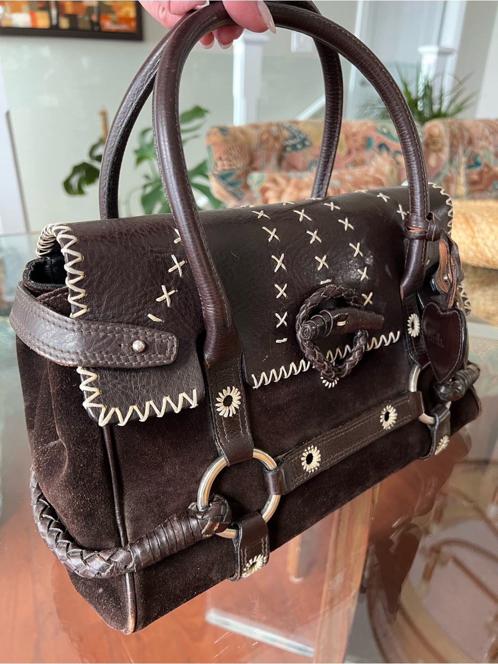 Vintage Luella Dark Brown Suede & Leather Top-Handle Shoulder Bag